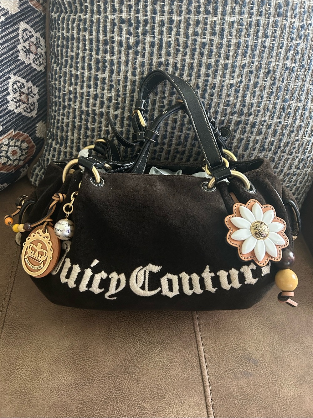 Juicy Couture Y2K Brown Suede Shoulder Bag with Floral Charm